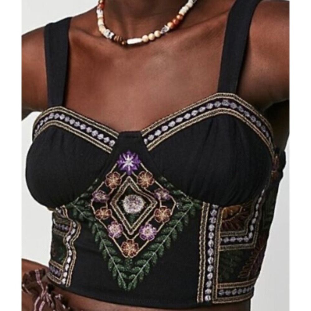Free People Floral Embroidered Black Cropped Corset Top Small Boho Hippie NWT